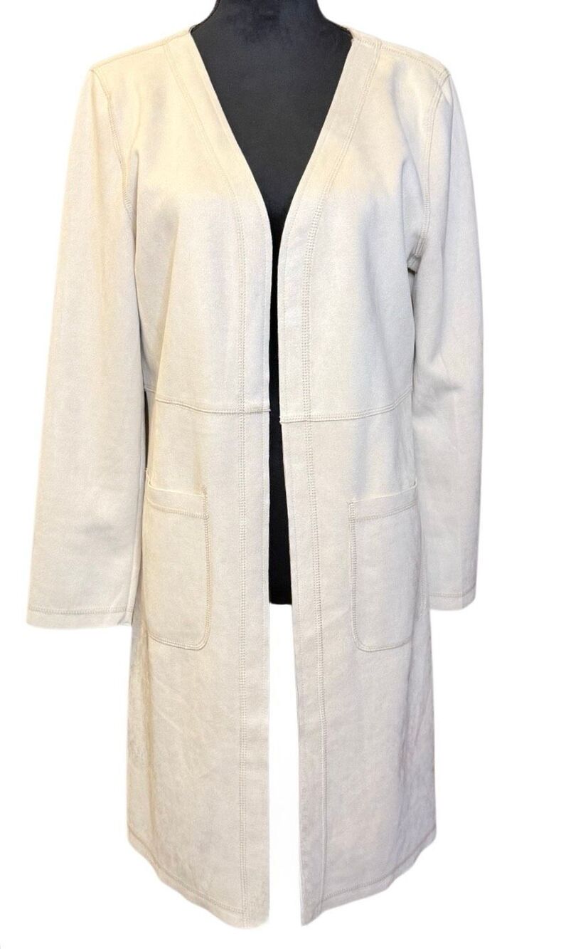 Solitaire Faux Suede Collarless V-Neck Long Duster Jacket Large Stretch Layering